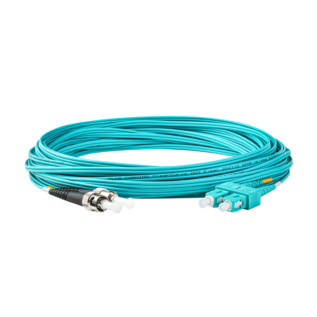 0.2dB SC/UPC to ST/UPC Multimode OM3 Duplex Fiber Patch Cable | Corning ClearCurve OM3 50 µm Laser-Optimized Fiber | Aqua LSZH Jacket, Aqua Connectors