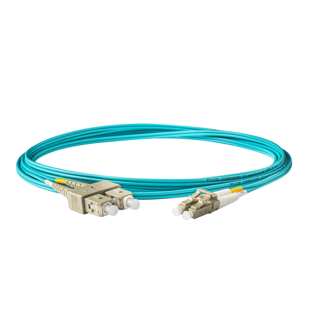 0.2dB LC/UPC to SC/UPC Multimode OM4 Duplex Fiber Patch Cable | Corning ClearCurve OM4 50 µm Laser-Optimized Fiber | Aqua LSZH Jacket, Beige Connectors