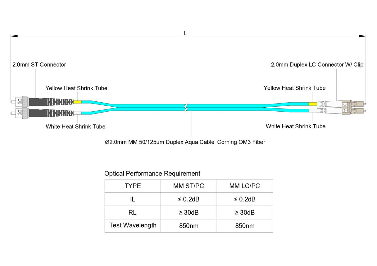0.2dB LC/UPC to ST/UPC Multimode OM3 Duplex Fiber Patch Cable | Corning ClearCurve OM3 50 µm Laser-Optimized Fiber | Aqua LSZH Jacket, Beige Connectors