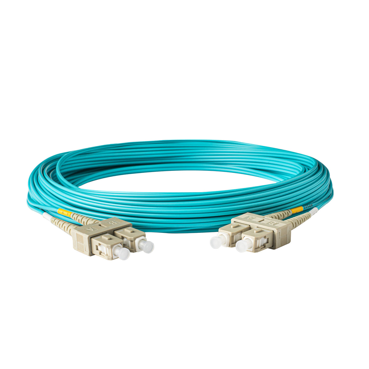 0.2dB SC/UPC to SC/UPC Multimode OM3 Duplex Fiber Patch Cable | Corning ClearCurve OM3 50 µm Laser-Optimized Fiber | Aqua LSZH Jacket, Beige Connectors