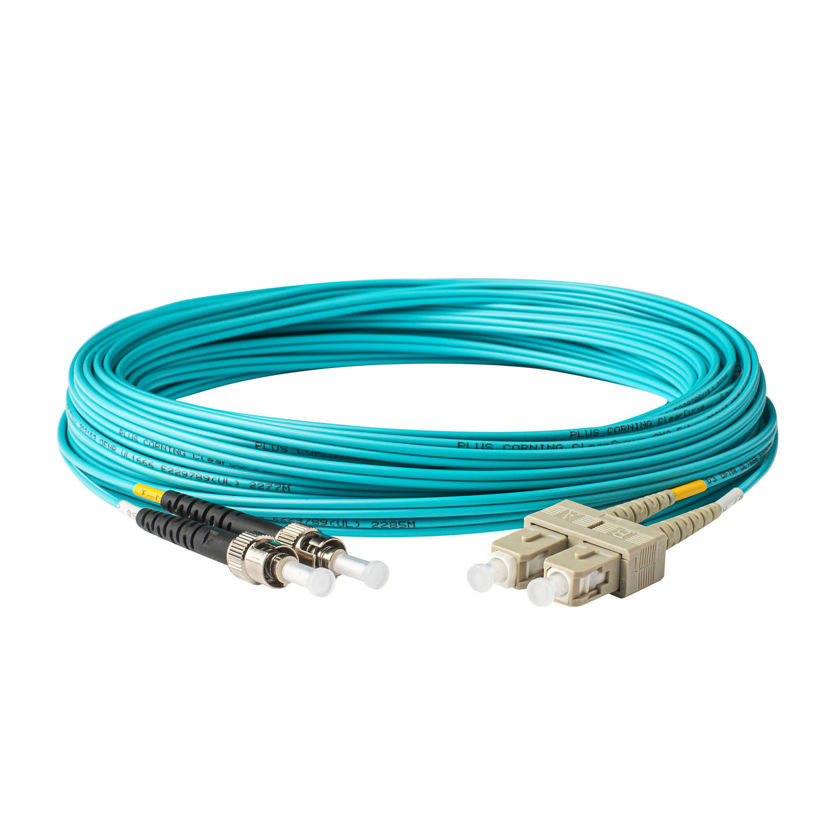 0.2dB SC/UPC to ST/UPC Multimode OM3 Duplex Fiber Patch Cable | Corning ClearCurve OM3 50 µm Laser-Optimized Fiber | Aqua LSZH Jacket, Beige Connectors