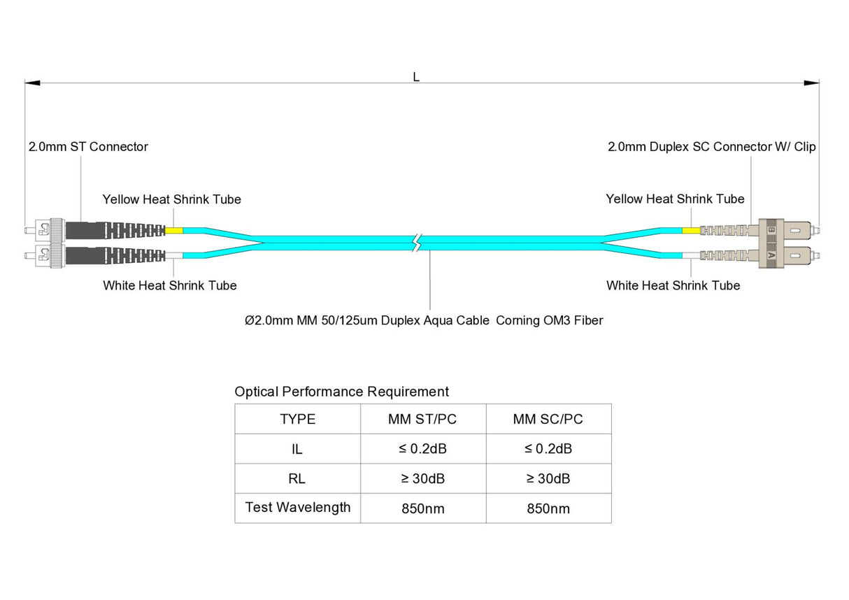 0.2dB SC/UPC to ST/UPC Multimode OM3 Duplex Fiber Patch Cable | Corning ClearCurve OM3 50 µm Laser-Optimized Fiber | Aqua LSZH Jacket, Beige Connectors