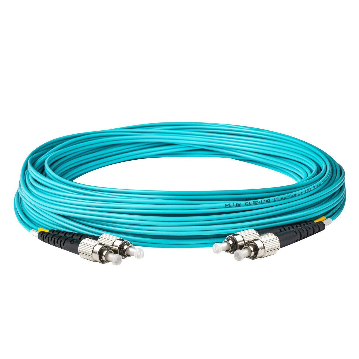 0.2dB FC/UPC to FC/UPC Multimode OM3 Duplex Fiber Patch Cable | Corning ClearCurve OM3 50 µm Laser-Optimized Fiber | Aqua OFNR Jacket, Metal Connectors