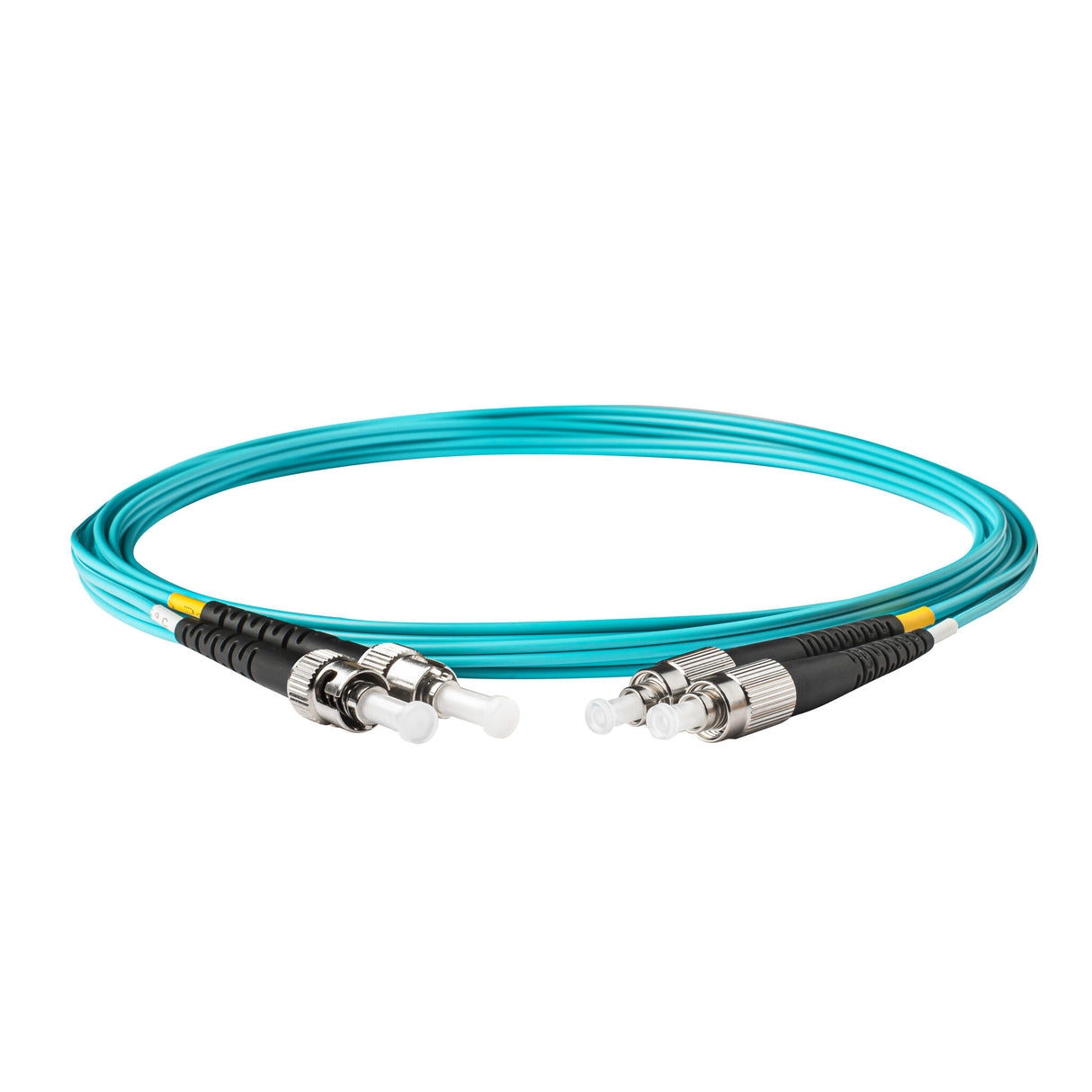 0.2dB ST/UPC to FC/UPC Multimode OM3 Duplex Fiber Patch Cable | Corning ClearCurve OM3 50 µm Laser-Optimized Fiber | Aqua OFNR Jacket, Metal Connectors