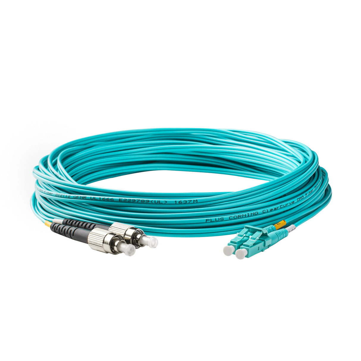 0.2dB LC/UPC to FC/UPC Multimode OM4 Duplex Fiber Patch Cable | Corning ClearCurve OM4 50 µm Laser-Optimized Fiber | Aqua LSZH Jacket, Aqua Connectors