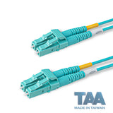 TAA Compliant Fiber Patch Cable | 0.2dB LC/UPC to LC/UPC Multimode OM4 Duplex | Corning ClearCurve OM4 50 µm Laser-Optimized Fiber | Aqua OFNP Jacket, Aqua Connectors