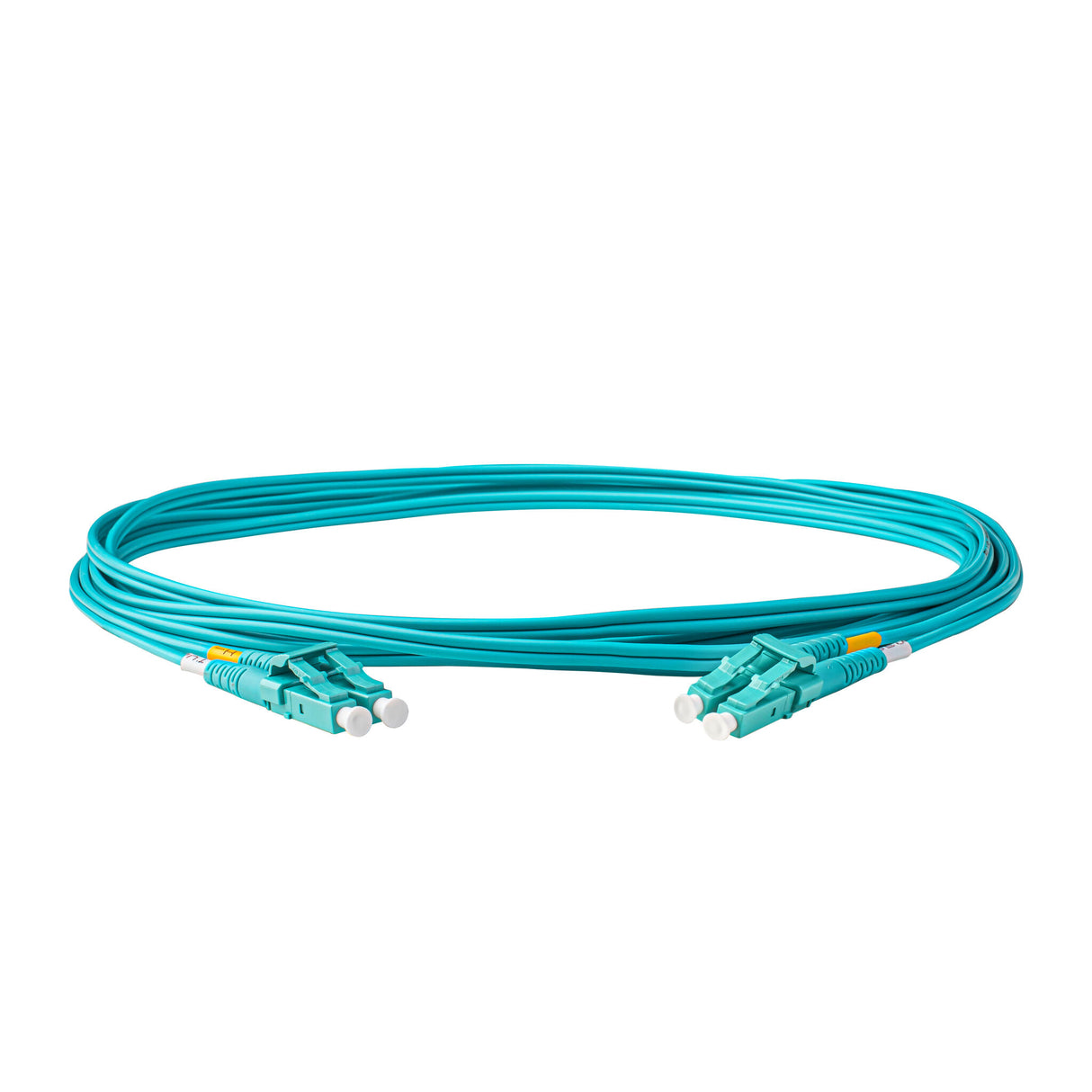 TAA Compliant Fiber Patch Cable | 0.2dB LC/UPC to LC/UPC Multimode OM4 Duplex | Corning ClearCurve OM4 50 µm Laser-Optimized Fiber | Aqua OFNP Jacket, Aqua Connectors