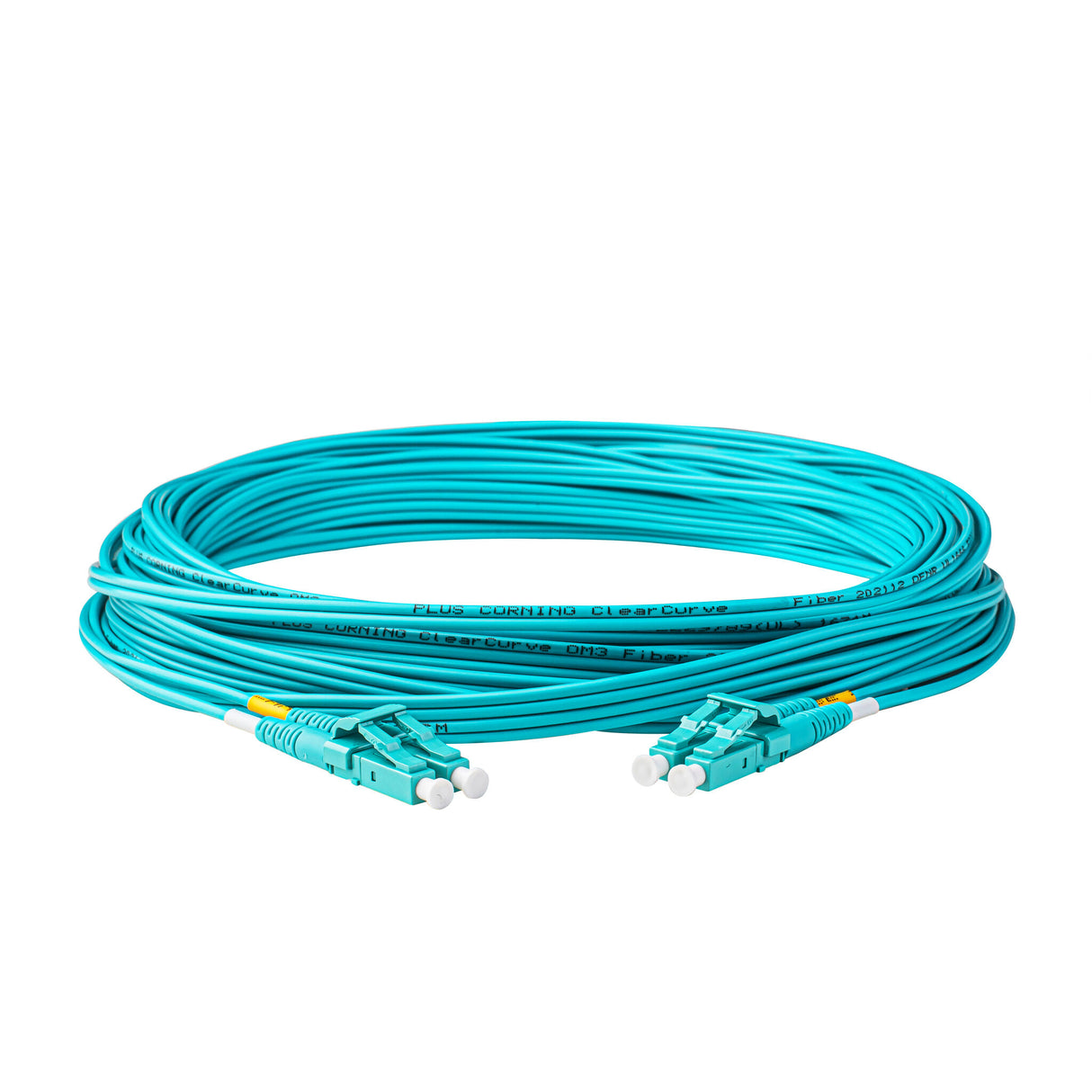 TAA Compliant Fiber Patch Cable | 0.2dB LC/UPC to LC/UPC Multimode OM4 Duplex | Corning ClearCurve OM4 50 µm Laser-Optimized Fiber | Aqua OFNP Jacket, Aqua Connectors