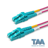 TAA Compliant Fiber Patch Cable | 0.2dB LC/UPC to LC/UPC Multimode OM4 Duplex | Corning ClearCurve OM4 50 µm Laser-Optimized Fiber | Magenta OFNR Jacket, Aqua Connectors