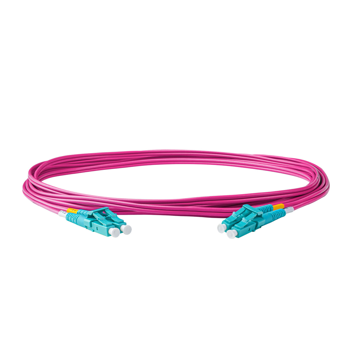 TAA Compliant Fiber Patch Cable | 0.2dB LC/UPC to LC/UPC Multimode OM4 Duplex | Corning ClearCurve OM4 50 µm Laser-Optimized Fiber | Magenta OFNR Jacket, Aqua Connectors