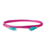 TAA Compliant Fiber Patch Cable | 0.2dB LC/UPC to LC/UPC Multimode OM4 Duplex | Corning ClearCurve OM4 50 µm Laser-Optimized Fiber | Magenta OFNR Jacket, Aqua Connectors