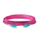 TAA Compliant Fiber Patch Cable | 0.2dB LC/UPC to LC/UPC Multimode OM4 Duplex | Corning ClearCurve OM4 50 µm Laser-Optimized Fiber | Magenta OFNR Jacket, Aqua Connectors
