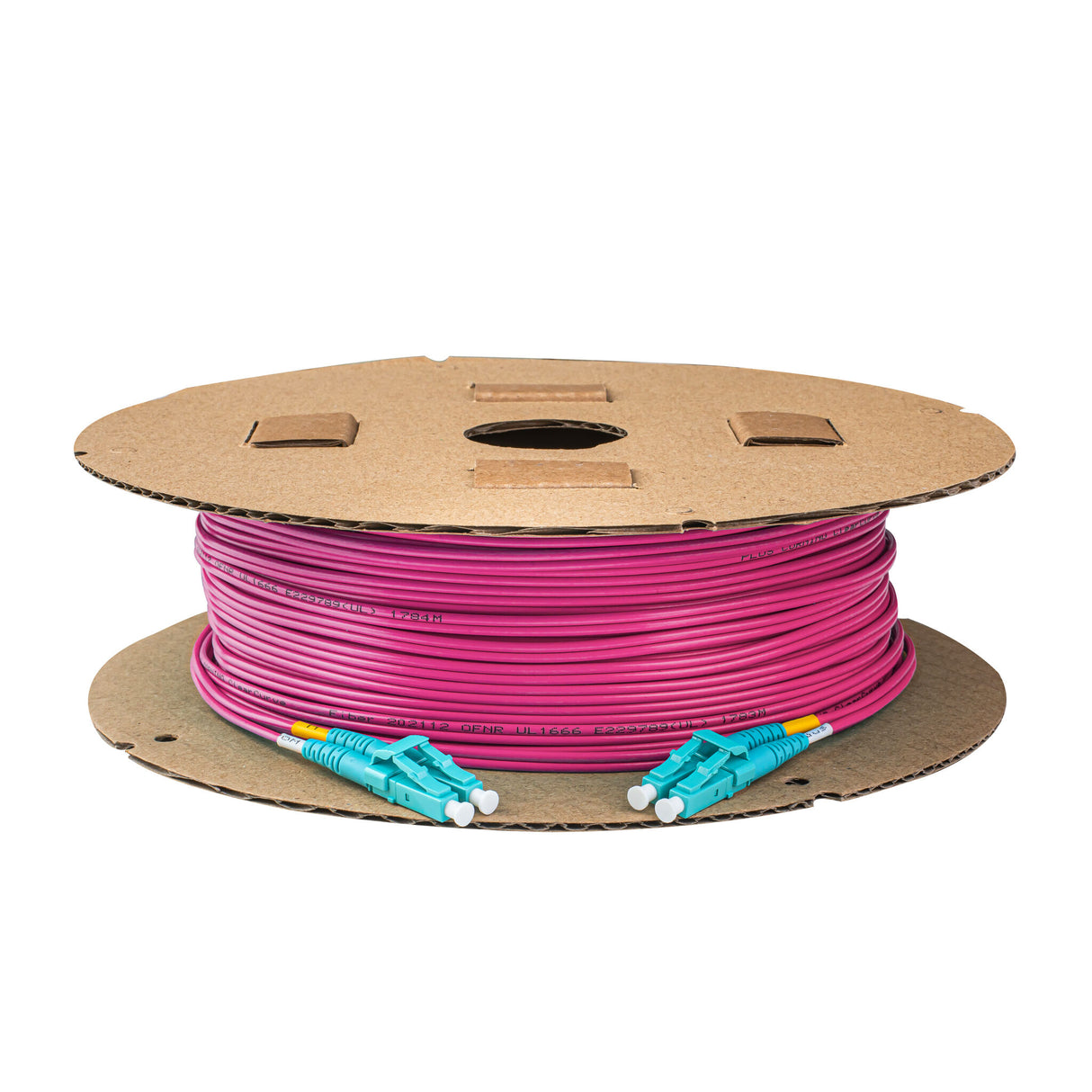 TAA Compliant Fiber Patch Cable | 0.2dB LC/UPC to LC/UPC Multimode OM4 Duplex | Corning ClearCurve OM4 50 µm Laser-Optimized Fiber | Magenta OFNR Jacket, Aqua Connectors