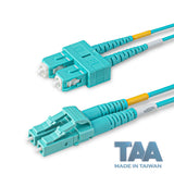 TAA Compliant Fiber Patch Cable | 0.2dB LC/UPC to SC/UPC Multimode OM4 Duplex | Corning ClearCurve OM4 50 µm Laser-Optimized Fiber | Aqua OFNR Jacket, Aqua Connectors