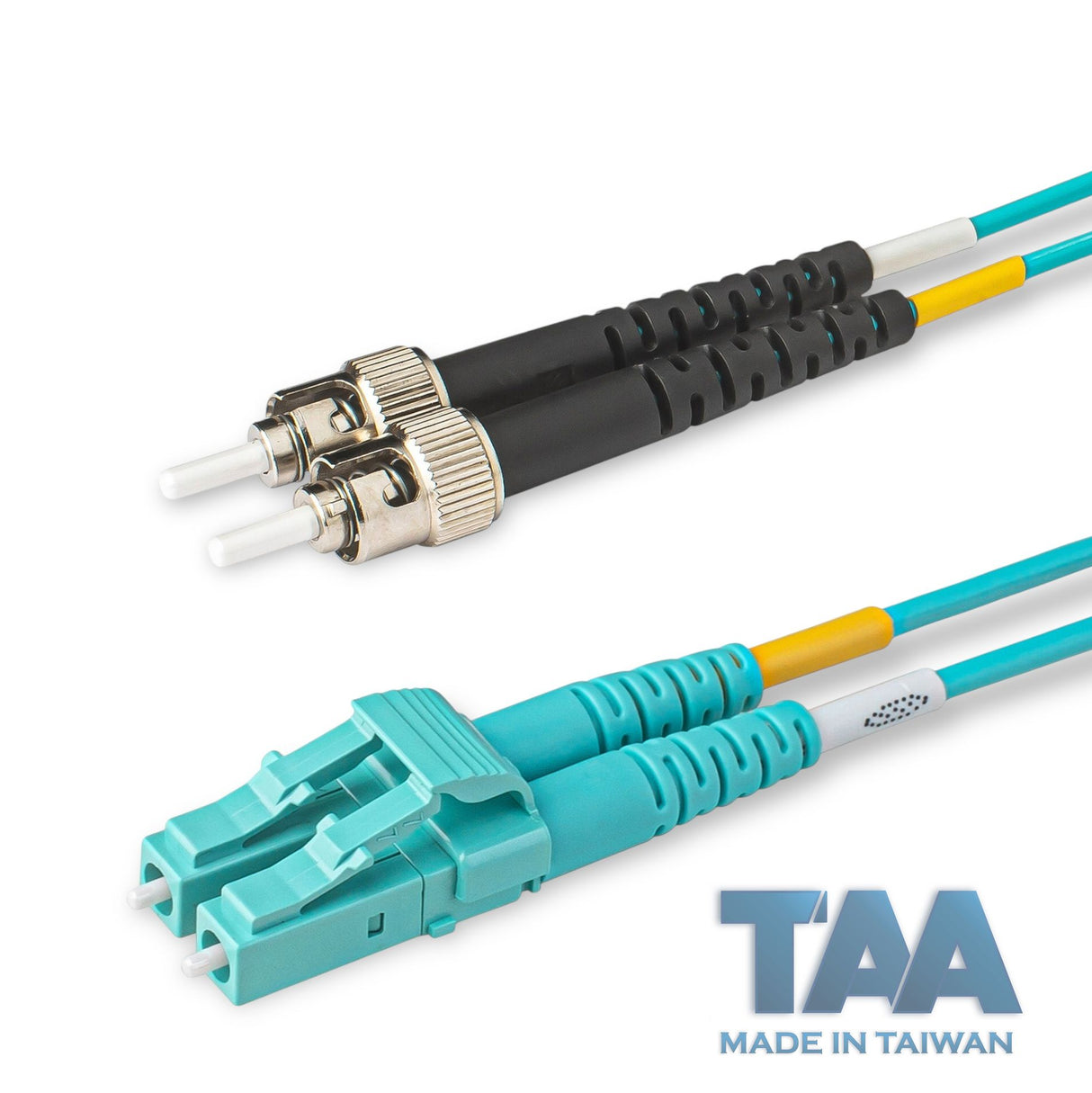 TAA Compliant Fiber Patch Cable | 0.2dB LC/UPC to ST/UPC Multimode OM4 Duplex | Corning ClearCurve OM4 50 µm Laser-Optimized Fiber | Aqua OFNR Jacket, Aqua Connectors