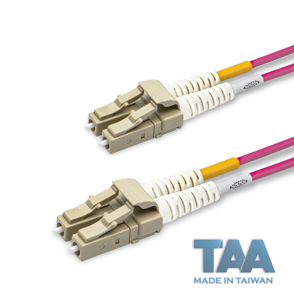 TAA Compliant Fiber Patch Cable | 0.2dB LC/UPC to LC/UPC Multimode OM4 Duplex | Corning ClearCurve OM4 50 µm Laser-Optimized Fiber | Magenta OFNR Jacket, Beige Connectors