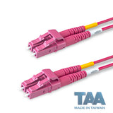 TAA Compliant Fiber Patch Cable | 0.2dB LC/UPC to LC/UPC Multimode OM4 Duplex | Corning ClearCurve OM4 50 µm Laser-Optimized Fiber | Magenta OFNR Jacket, Magenta Connectors