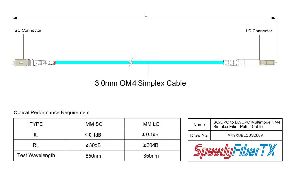 Ultra Low Loss 0.1dB LC/UPC to SC/UPC Multimode OM4 Simplex Fiber Patch Cable | Corning ClearCurve OM4 50 µm Laser-Optimized Fiber | Aqua OFNR Jacket, Beige Connectors