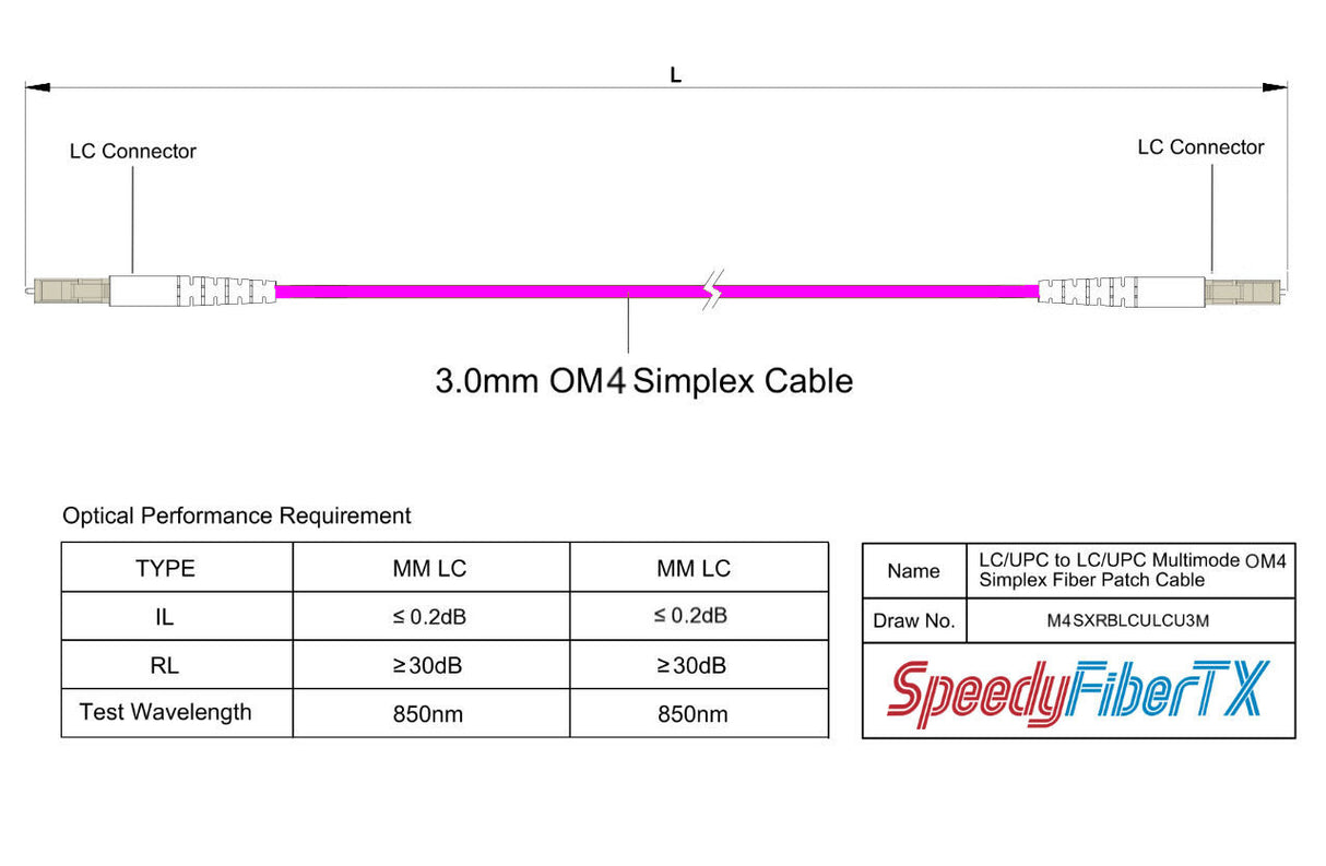 0.2dB LC/UPC to LC/UPC Multimode OM4 Simplex Fiber Patch Cable | Corning ClearCurve OM4 50 µm Laser-Optimized Fiber | Magenta OFNR Jacket, Beige Connectors