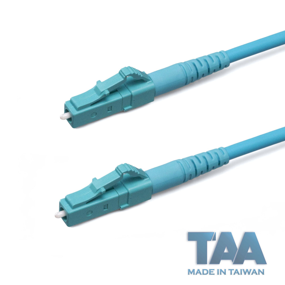 TAA Compliant Fiber Patch Cable | 0.2dB LC/UPC to LC/UPC Multimode OM4 Simplex | Corning ClearCurve OM4 50 µm Laser-Optimized Fiber | Aqua OFNR Jacket, Aqua Connectors