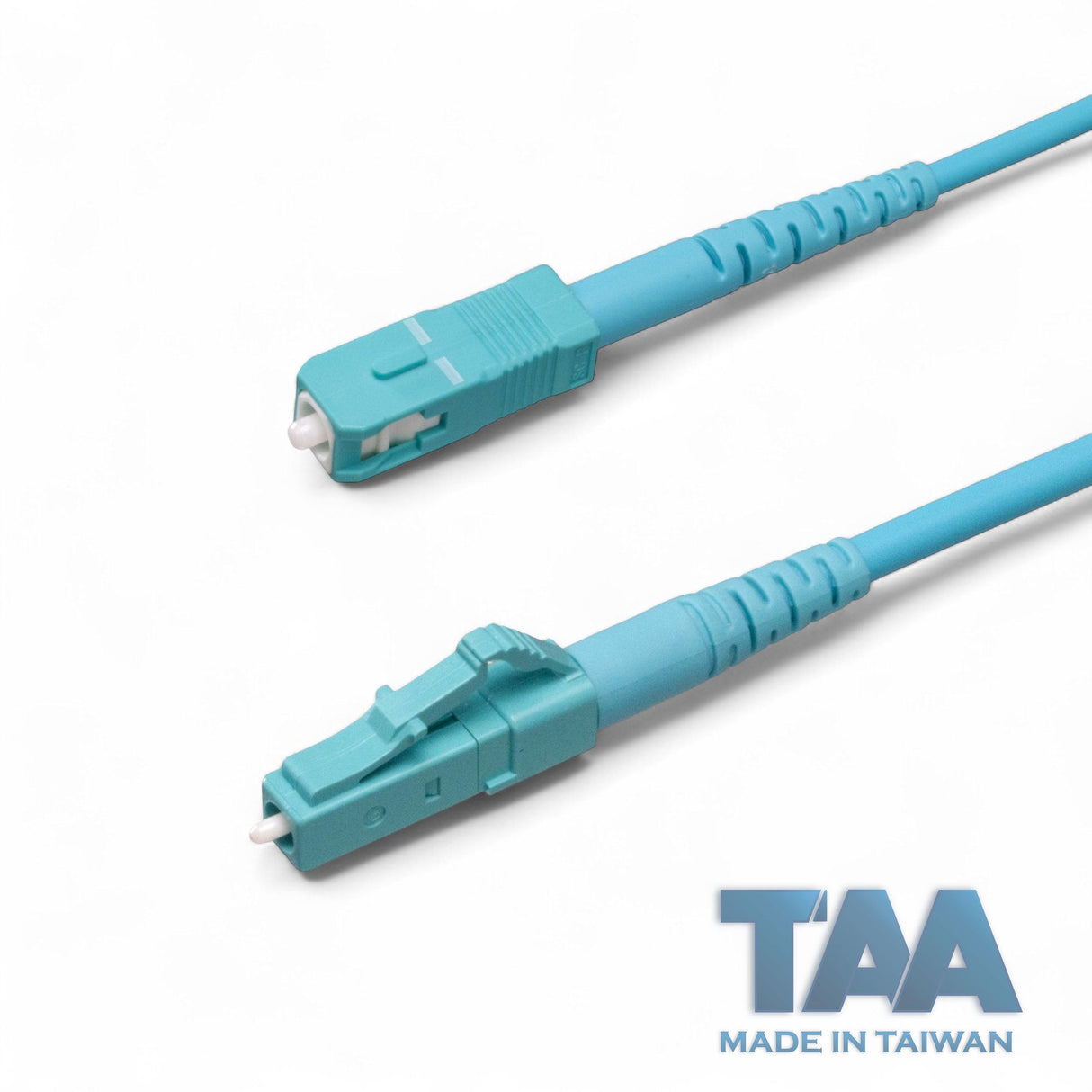 TAA Compliant Fiber Patch Cable | 0.2dB LC/UPC to SC/UPC Multimode OM4 Simplex | Corning ClearCurve OM4 50 µm Laser-Optimized Fiber | Aqua OFNP Jacket, Aqua Connectors