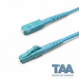 TAA Compliant Fiber Patch Cable | 0.2dB LC/UPC to SC/UPC Multimode OM4 Simplex | Corning ClearCurve OM4 50 µm Laser-Optimized Fiber | Aqua OFNP Jacket, Aqua Connectors