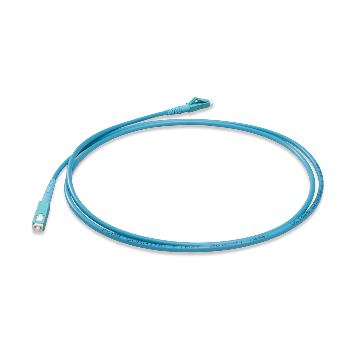 TAA Compliant Fiber Patch Cable | 0.2dB LC/UPC to SC/UPC Multimode OM4 Simplex | Corning ClearCurve OM4 50 µm Laser-Optimized Fiber | Aqua OFNP Jacket, Aqua Connectors