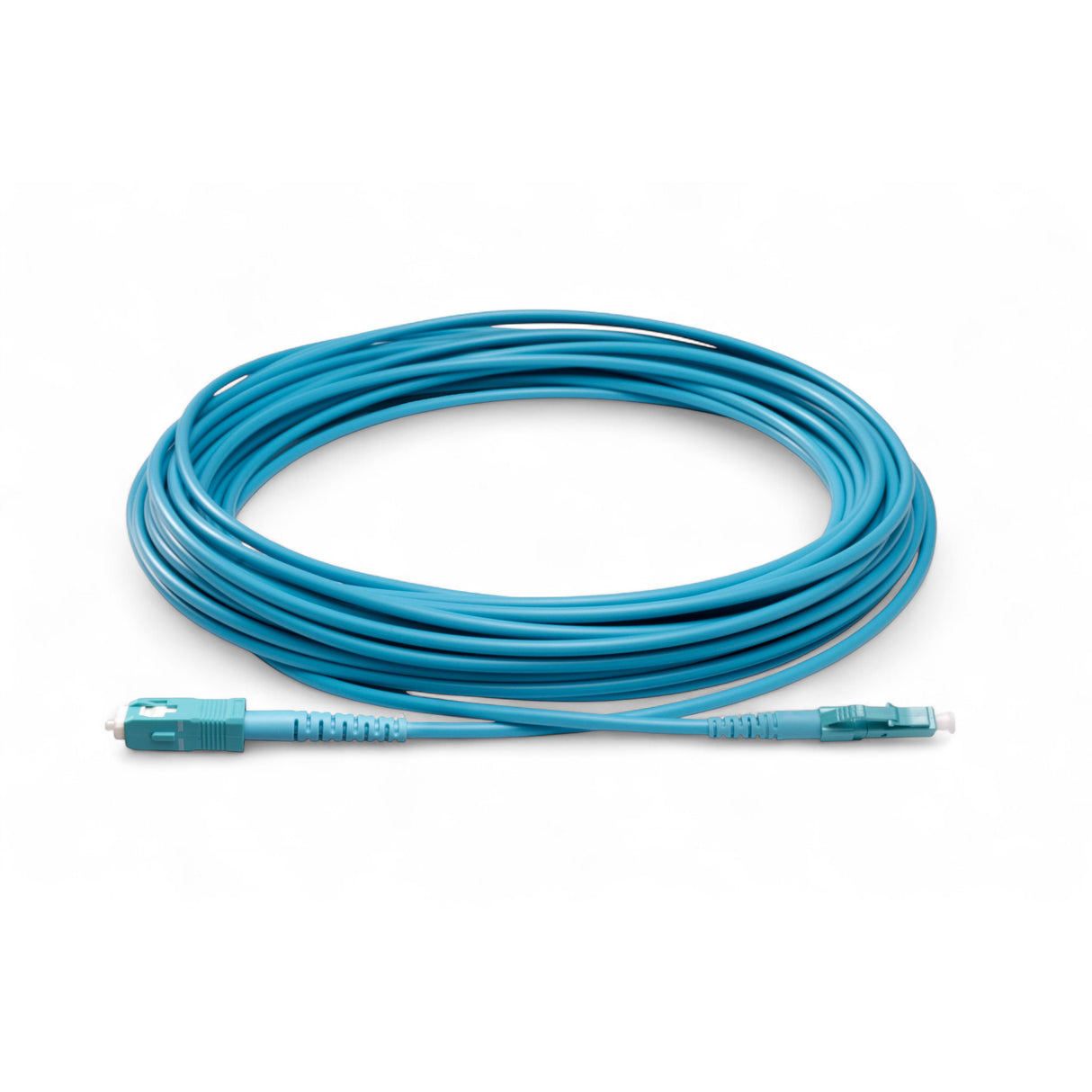 TAA Compliant Fiber Patch Cable | 0.2dB LC/UPC to SC/UPC Multimode OM4 Simplex | Corning ClearCurve OM4 50 µm Laser-Optimized Fiber | Aqua OFNP Jacket, Aqua Connectors