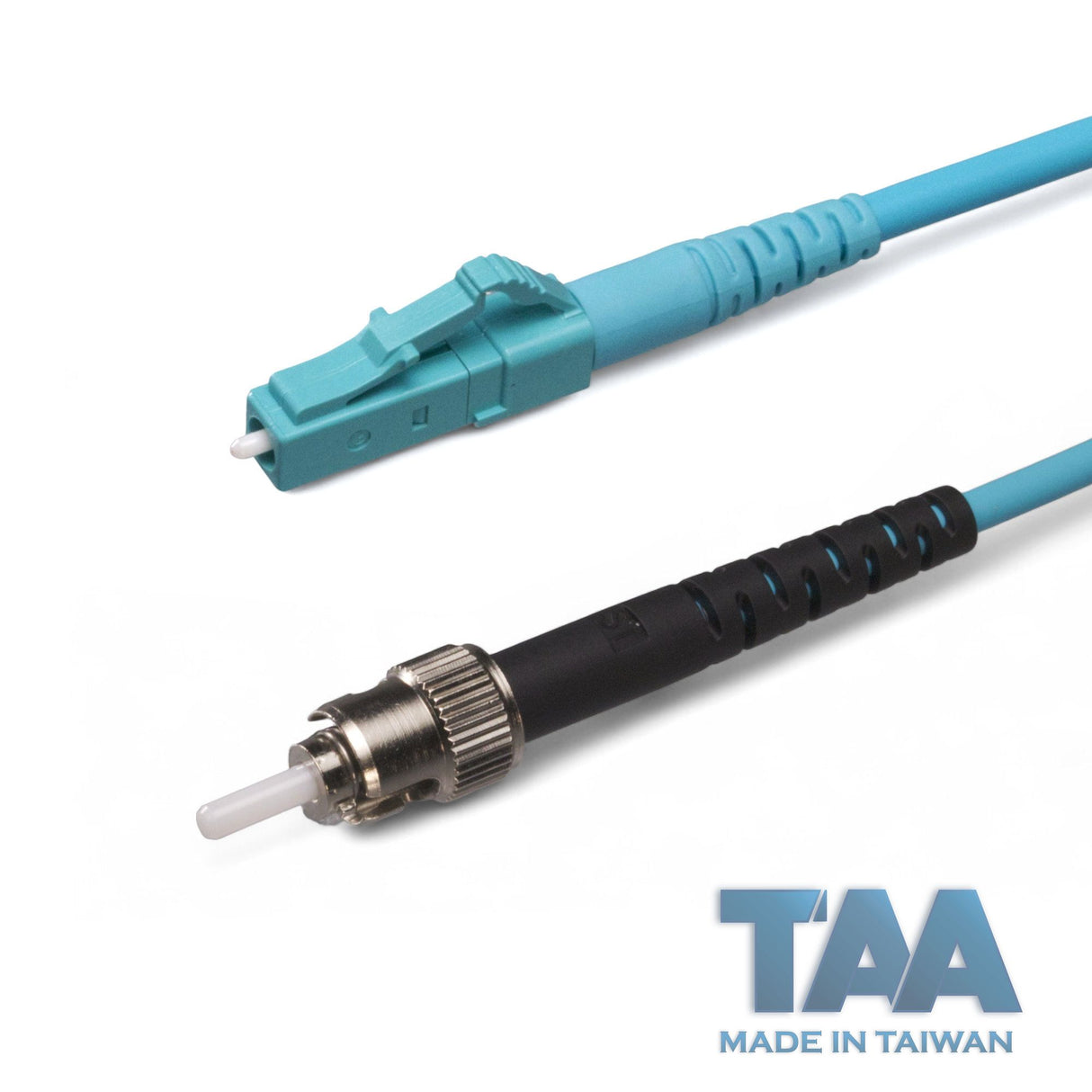 TAA Compliant Fiber Patch Cable | 0.2dB LC/UPC to ST/UPC Multimode OM4 Simplex | Corning ClearCurve OM4 50 µm Laser-Optimized Fiber | Aqua OFNP Jacket, Aqua Connectors
