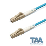 TAA Compliant Fiber Patch Cable | 0.2dB LC/UPC to LC/UPC Multimode OM4 Simplex | Corning ClearCurve OM4 50 µm Laser-Optimized Fiber | Aqua OFNR Jacket, Beige Connectors