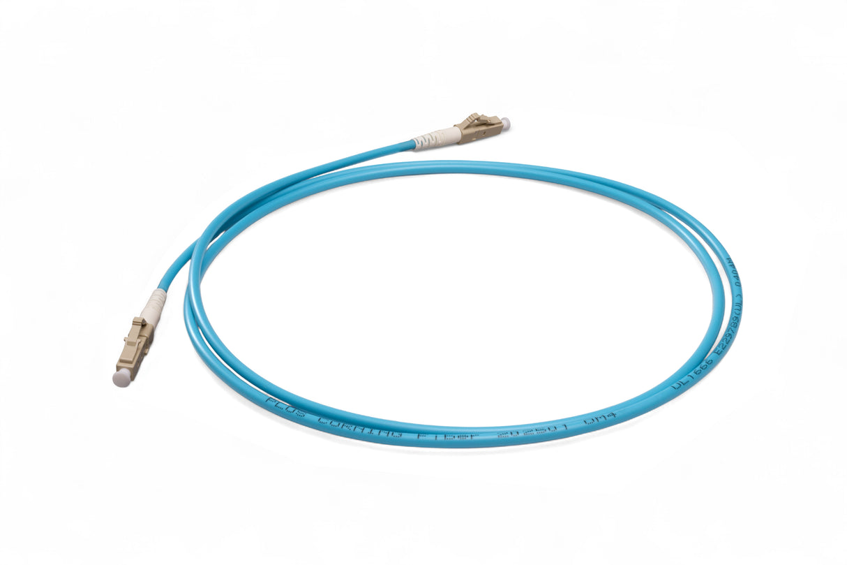 TAA Compliant Fiber Patch Cable | 0.2dB LC/UPC to LC/UPC Multimode OM4 Simplex | Corning ClearCurve OM4 50 µm Laser-Optimized Fiber | Aqua OFNR Jacket, Beige Connectors