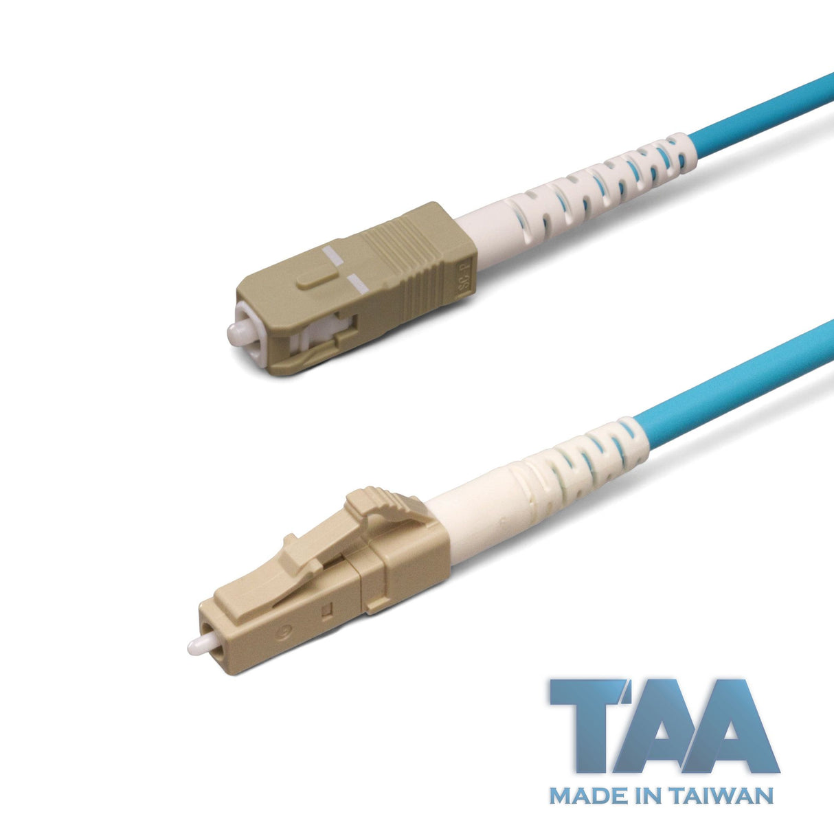 TAA Compliant Fiber Patch Cable | 0.2dB LC/UPC to SC/UPC Multimode OM4 Simplex | Corning ClearCurve OM4 50 µm Laser-Optimized Fiber | Aqua OFNP Jacket, Beige Connectors