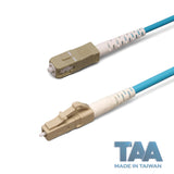 TAA Compliant Fiber Patch Cable | 0.2dB LC/UPC to SC/UPC Multimode OM4 Simplex | Corning ClearCurve OM4 50 µm Laser-Optimized Fiber | Aqua OFNP Jacket, Beige Connectors