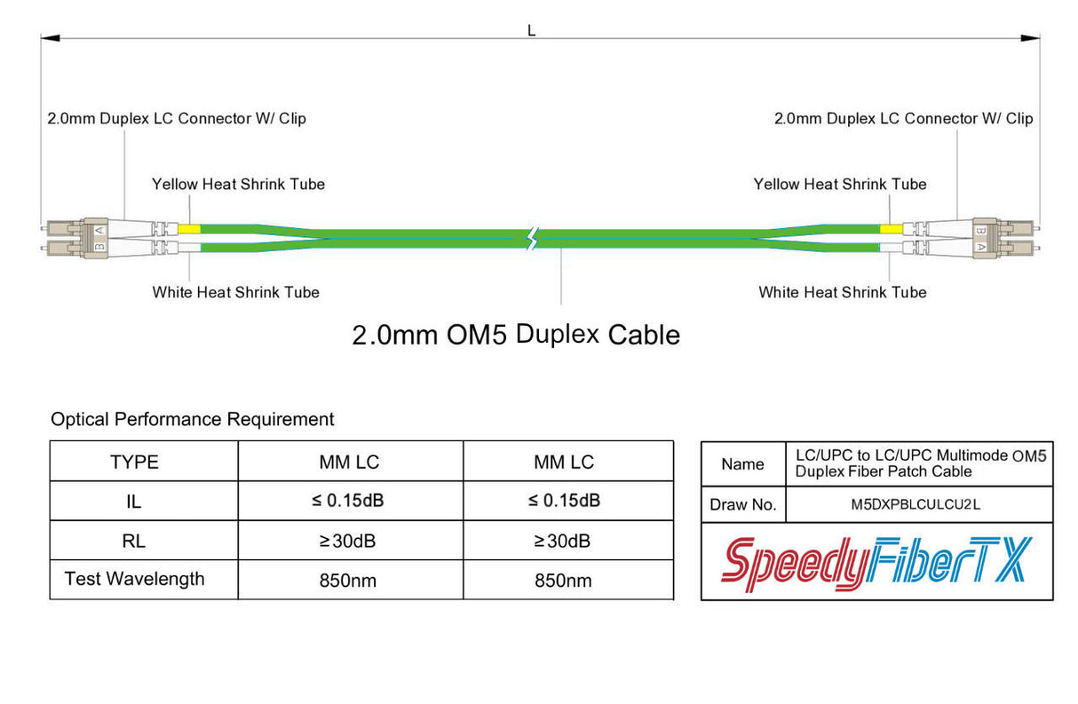 Low Loss 0.15dB LC/UPC to LC/UPC Multimode OM5 Duplex Fiber Patch Cable | OM5 50 µm Laser-Optimized Fiber | Lime Green OFNR Jacket, Beige Connectors