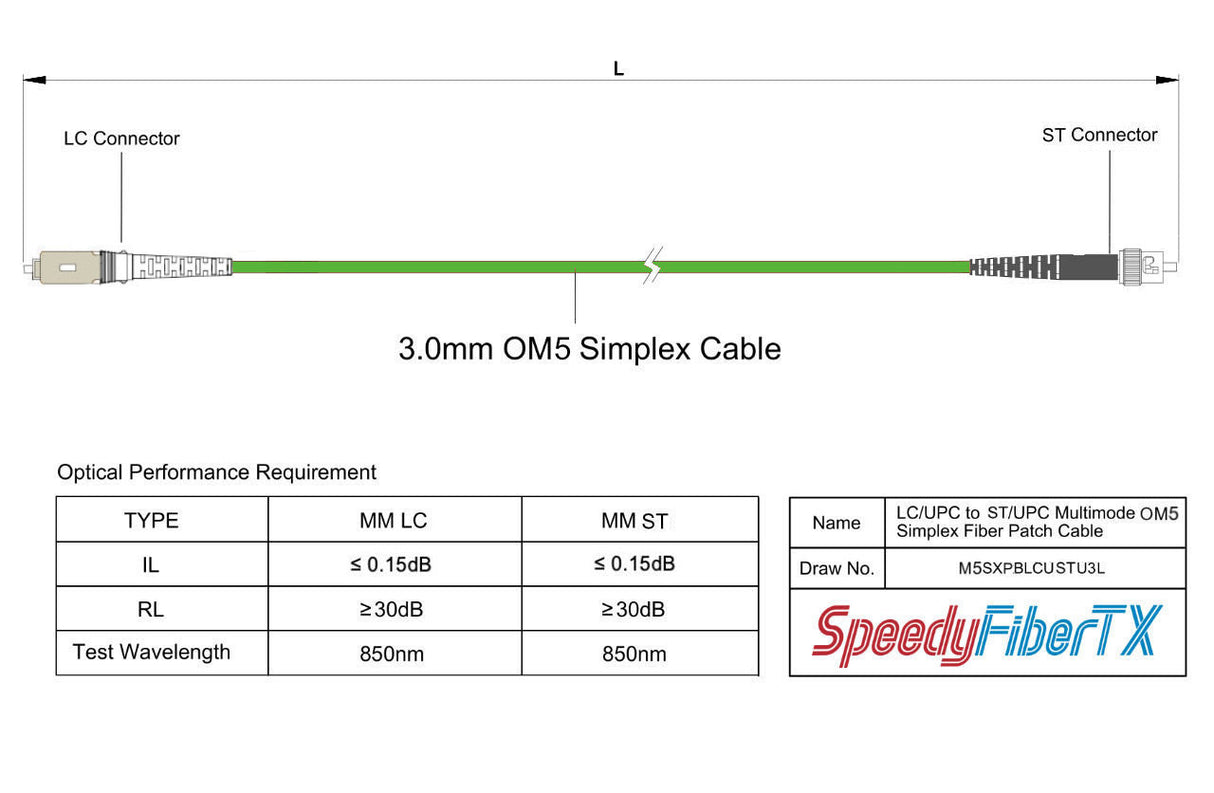 Low Loss 0.15dB LC/UPC to ST/UPC Multimode OM5 Simplex Fiber Patch Cable | OM5 50 µm Laser-Optimized Fiber | Lime Green OFNR Jacket, Beige Connectors