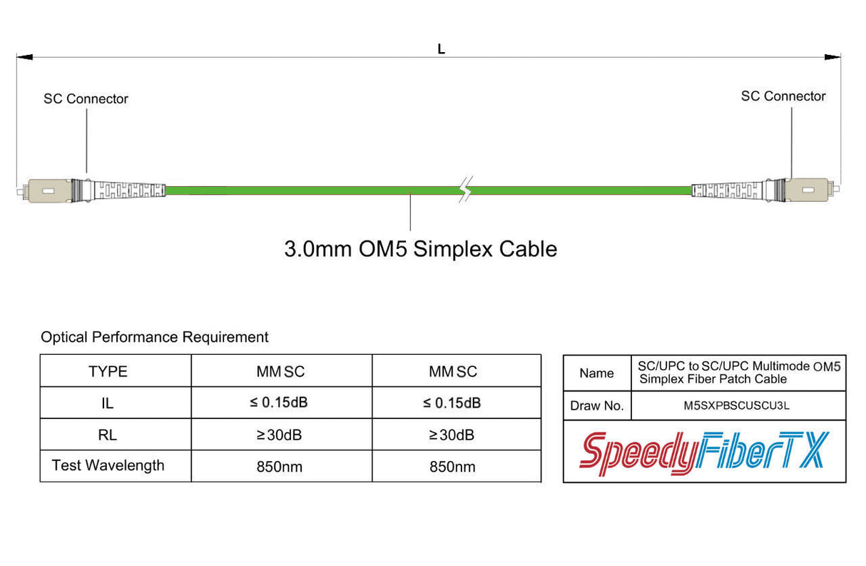 Low Loss 0.15dB SC/UPC to SC/UPC Multimode OM5 Simplex Fiber Patch Cable | OM5 50 µm Laser-Optimized Fiber | Lime Green OFNR Jacket, Beige Connectors