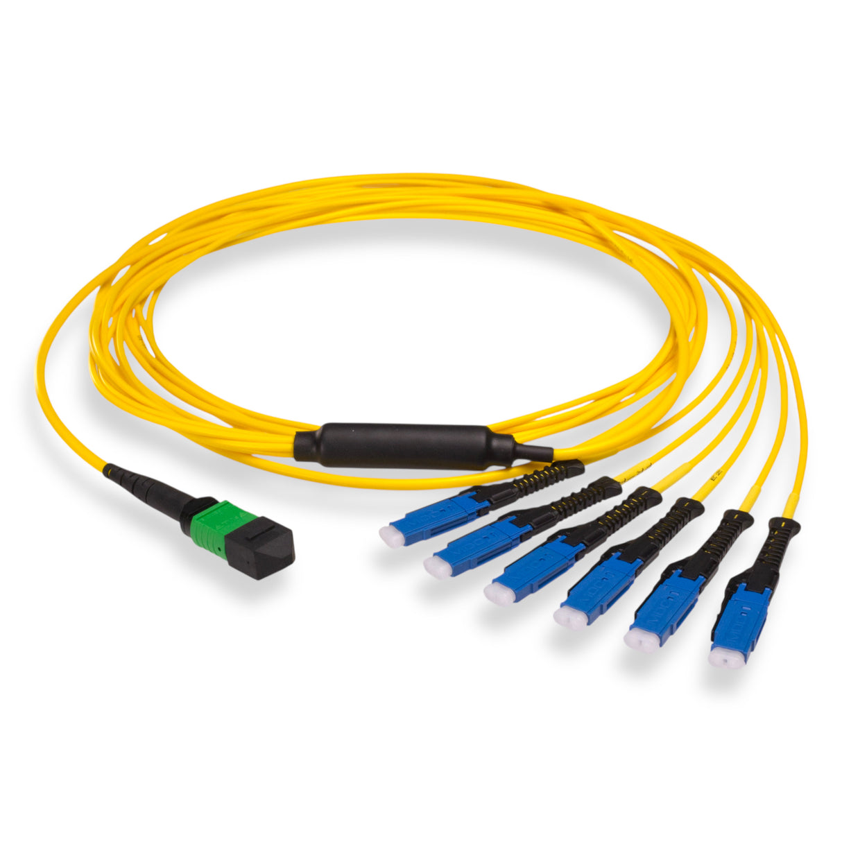 12-Fiber Non-Pinned MPO/APC to  6 x MDC/UPC Fanout Cable | Corning® SMF-28® Ultra Single-mode Optical Fiber | OS1/OS2 Compatible | Type B, Green MPO Connector, Blue MDC Connector, Yellow Cable Jacket | OFNP Jacket