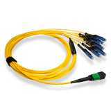 16-Fiber Non-Pinned MPO/APC to  8 x MDC/UPC Fanout Cable | Corning® SMF-28® Ultra Single-mode Optical Fiber | OS1/OS2 Compatible | Crossover, Green MPO Connector, Blue MDC Connector, Yellow Cable Jacket | OFNP Jacket
