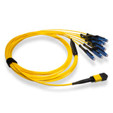 16-Fiber Non-Pinned MPO/APC to  8 x MDC/UPC Fanout Cable | Corning® SMF-28® Ultra Single-mode Optical Fiber | OS1/OS2 Compatible | Crossover, Yellow MPO Connector, Blue MDC Connector, Yellow Cable Jacket | OFNP Jacket