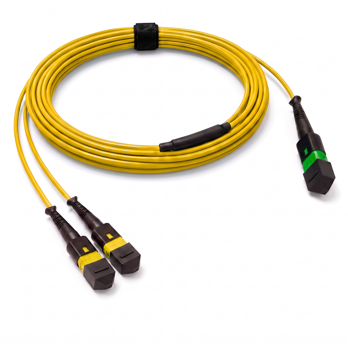 24-Fiber Low Loss Non-Pinned MPO/APC to Non-Pinned 2 x MPO/APC Breakout Cable | Corning SMF-28 Ultra Single-mode Optical Fiber | OS1/OS2 Compatible | Type A, Green MPO Connector, Yellow MPO Connector, Yellow OFNP Cable Jacket
