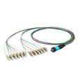 Elite Non-Pinned MPO to 24xLC Breakout Cable with Corning ClearCurve® OM4 Multimode Fiber, featuring an Aqua MPO Connector, 600μm 24-Colored Hytrel® Fiber Tube, and Beige LC Connectors, optimized for high-speed 40G/100G data center applications.
