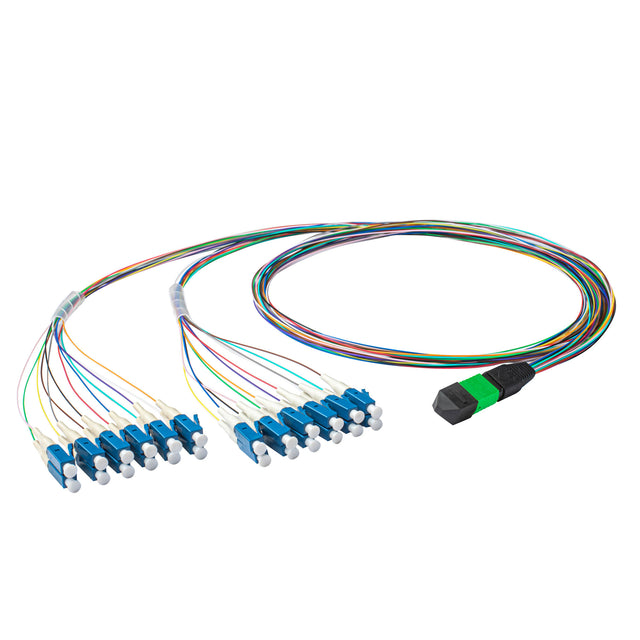 Elite Non-Pinned MPO to 24xLC Breakout Cable with Corning® SMF-28® Ultra Fiber, optimized for high-density data centers, featuring a Green MPO Connector and 600μm 24-Colored Hytrel® Fiber Tube for 40GBASE-PLR4 & 100GBASE-PSM4 applications.