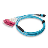 12-Fiber Low Loss Non-Pinned MPO/UPC to 6 x LC Uniboot/UPC Duplex QSFP Type Breakout Cable | Corning ClearCurve OM4 Multimode Optical Fiber | Type B, Aqua MPO Connector, Magenta LC Uniboot Connector, Aqua OFNP Cable Jacket