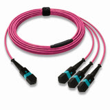 24-Fiber Low Loss Non-Pinned MPO/UPC to Non-Pinned 3 x MPO/UPC Breakout Cable | Corning ClearCurve OM4 Multimode Optical Fiber | Type B, Aqua MPO Connector, Aqua MPO Connector, Magenta OFNP Cable Jacket