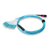 12-Fiber Low Loss Non-Pinned MPO/UPC to 6 x LC Uniboot/UPC Duplex QSFP Type Breakout Cable | Corning ClearCurve OM4 Multimode Optical Fiber | Type B, Magenta MPO Connector, Aqua LC Uniboot Connector, Aqua OFNP Cable Jacket
