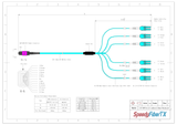12-Fiber Low Loss Non-Pinned MPO/UPC to 6 x LC Uniboot/UPC Duplex QSFP Type Breakout Cable | Corning ClearCurve OM4 Multimode Optical Fiber | Type B, Magenta MPO Connector, Aqua LC Uniboot Connector, Aqua OFNP Cable Jacket