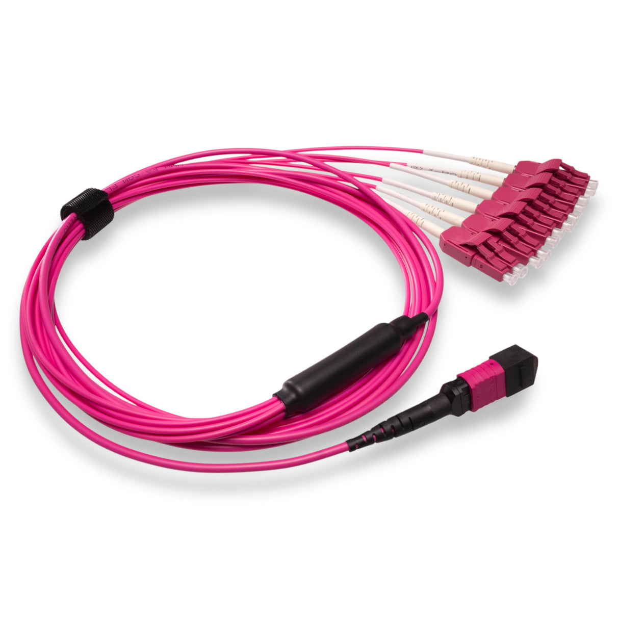 12-Fiber Low Loss Non-Pinned MPO/UPC to 6 x LC Uniboot/UPC Duplex QSFP Type Breakout Cable | Corning ClearCurve OM4 Multimode Optical Fiber | Type B, Magenta MPO Connector, Magenta LC Uniboot Connector, Magenta OFNP Cable Jacket