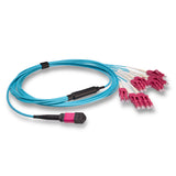 16-Fiber Low Loss Non-Pinned MPO/UPC to 8 x LC Uniboot/UPC Duplex QSFP Type Breakout Cable | Corning ClearCurve OM4 Multimode Optical Fiber | Crossover, Magenta MPO Connector, Magenta LC Uniboot Connector, Aqua OFNP Cable Jacket