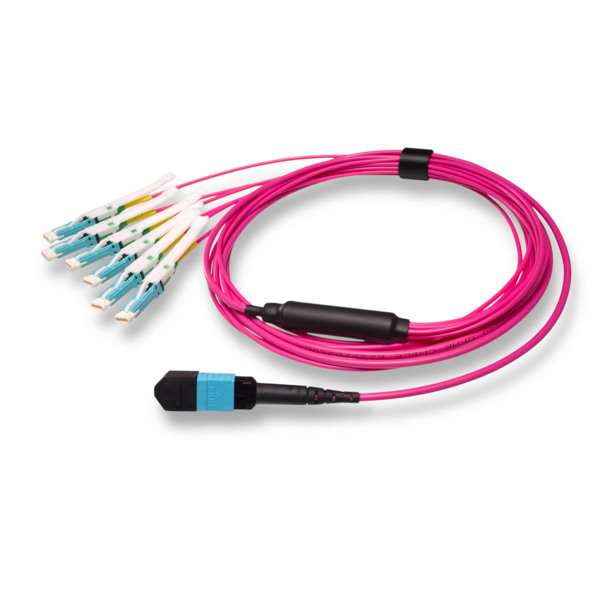 12-Fiber Non-Pinned MPO-12/UPC to  6 x CS/UPC Breakout Cable | Corning® ClearCurve® OM4 Multimode Optical Fiber | Type B, Aqua MPO Connector, Aqua CS Connector, Magenta Cable Jacket | OFNP Jacket