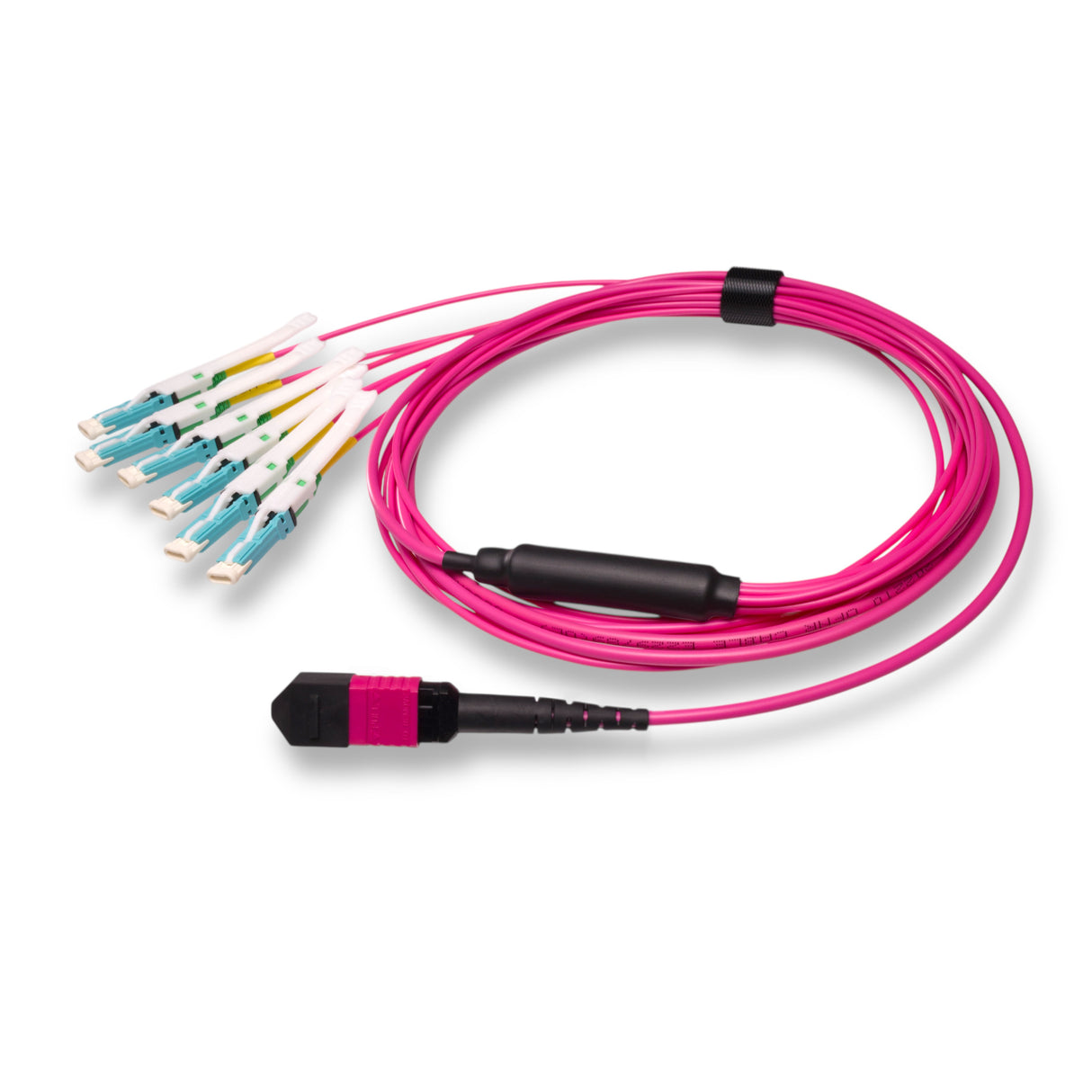 12-Fiber Non-Pinned MPO-12/UPC to  6 x CS/UPC Breakout Cable | Corning® ClearCurve® OM4 Multimode Optical Fiber | Type B, Magenta MPO Connector, Aqua CS Connector, Magenta Cable Jacket | OFNP Jacket